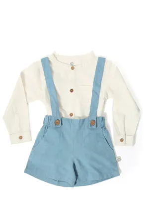 Baby Shirt & Suspender Shorts Set - White & Wood Blue