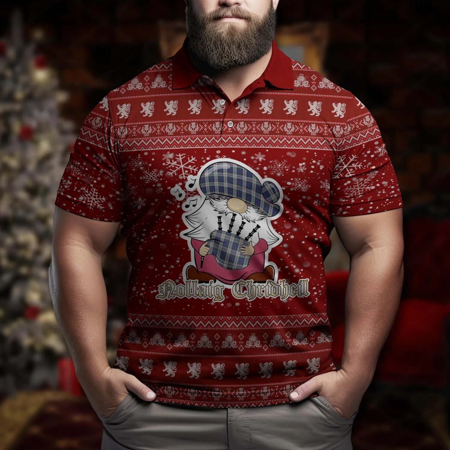 Baird Dress Clan Christmas Family Polo Shirt with Funny Gnome Playing Bagpipes