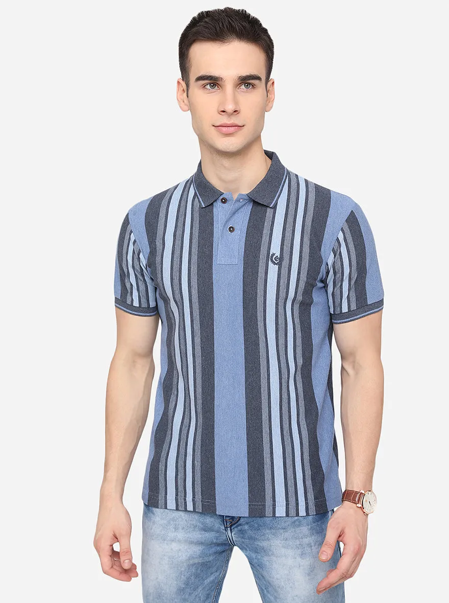 Blue & Grey Striped Slim Fit Polo T-Shirt | Greenfibre