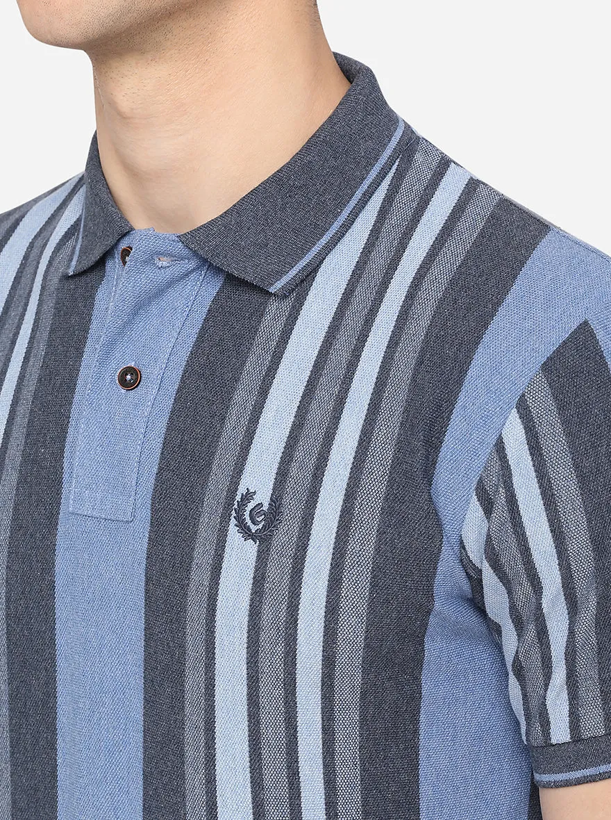 Blue & Grey Striped Slim Fit Polo T-Shirt | Greenfibre