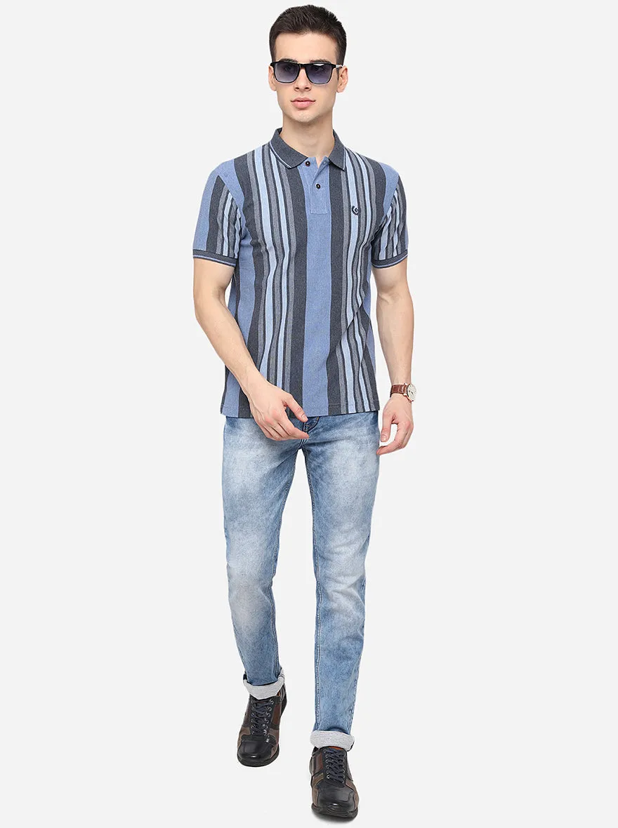 Blue & Grey Striped Slim Fit Polo T-Shirt | Greenfibre