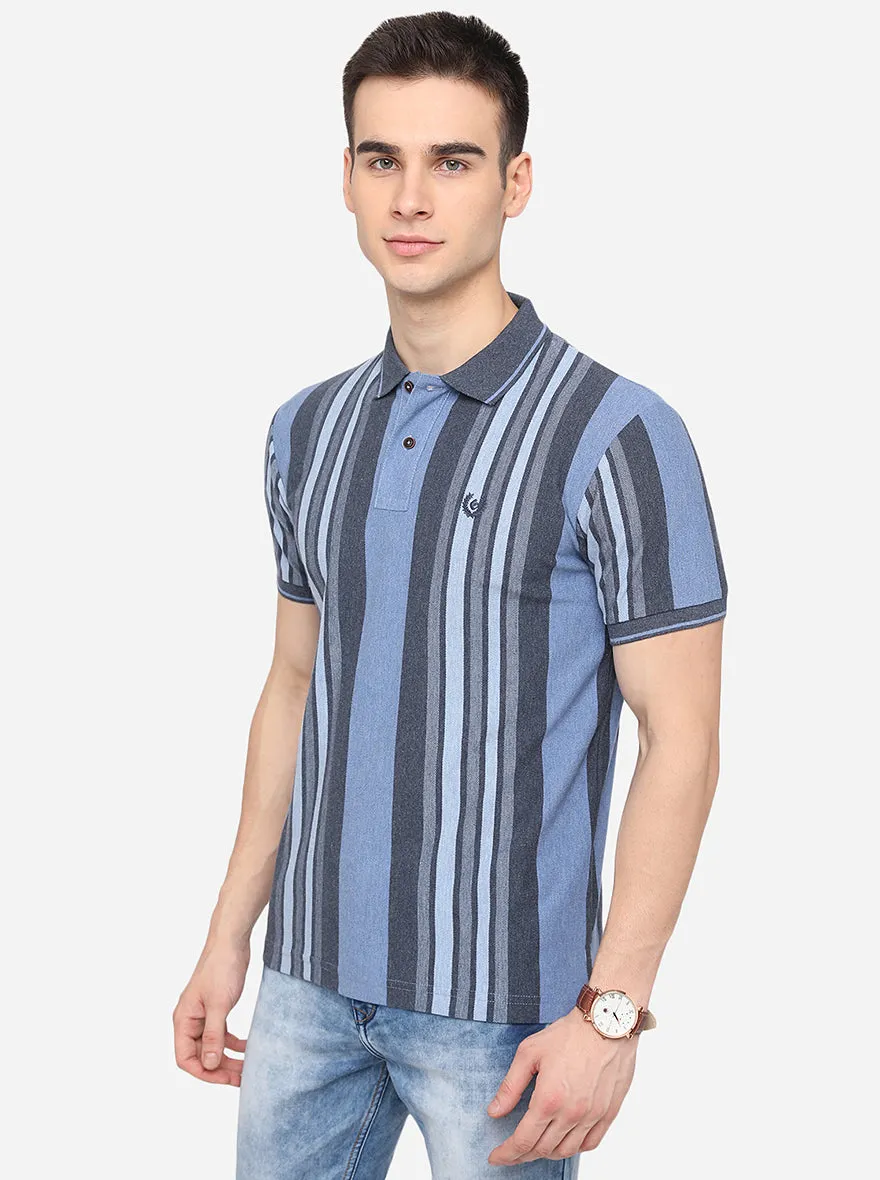 Blue & Grey Striped Slim Fit Polo T-Shirt | Greenfibre