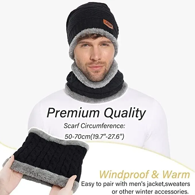 Brand Conquer Wool Beanie Cap & Muffler for Mens & Women – Winter Cap for Men – Men’s Woolen Cap with Neck Muffler – Winter Muffler for Women – Soft Woolen Muffler & Cap for Men & Women Black (Black)