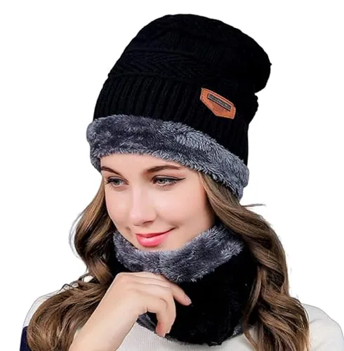 Brand Conquer Wool Beanie Cap & Muffler for Mens & Women – Winter Cap for Men – Men’s Woolen Cap with Neck Muffler – Winter Muffler for Women – Soft Woolen Muffler & Cap for Men & Women Black (Black)