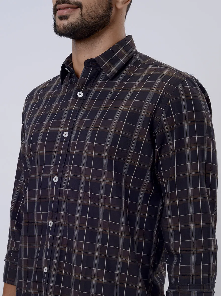 Brown Checked Tailored Fit Semi Casual Shirt | JadeBlue