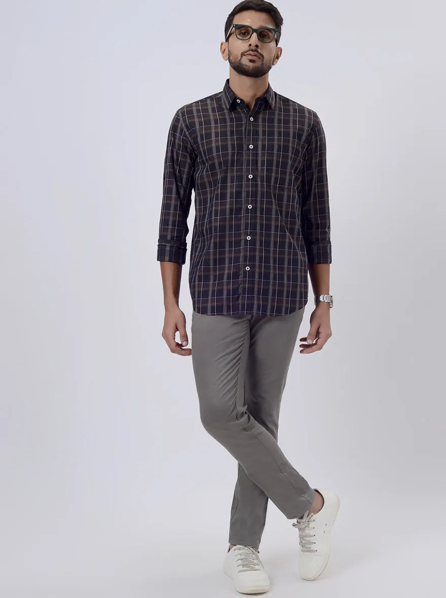 Brown Checked Tailored Fit Semi Casual Shirt | JadeBlue