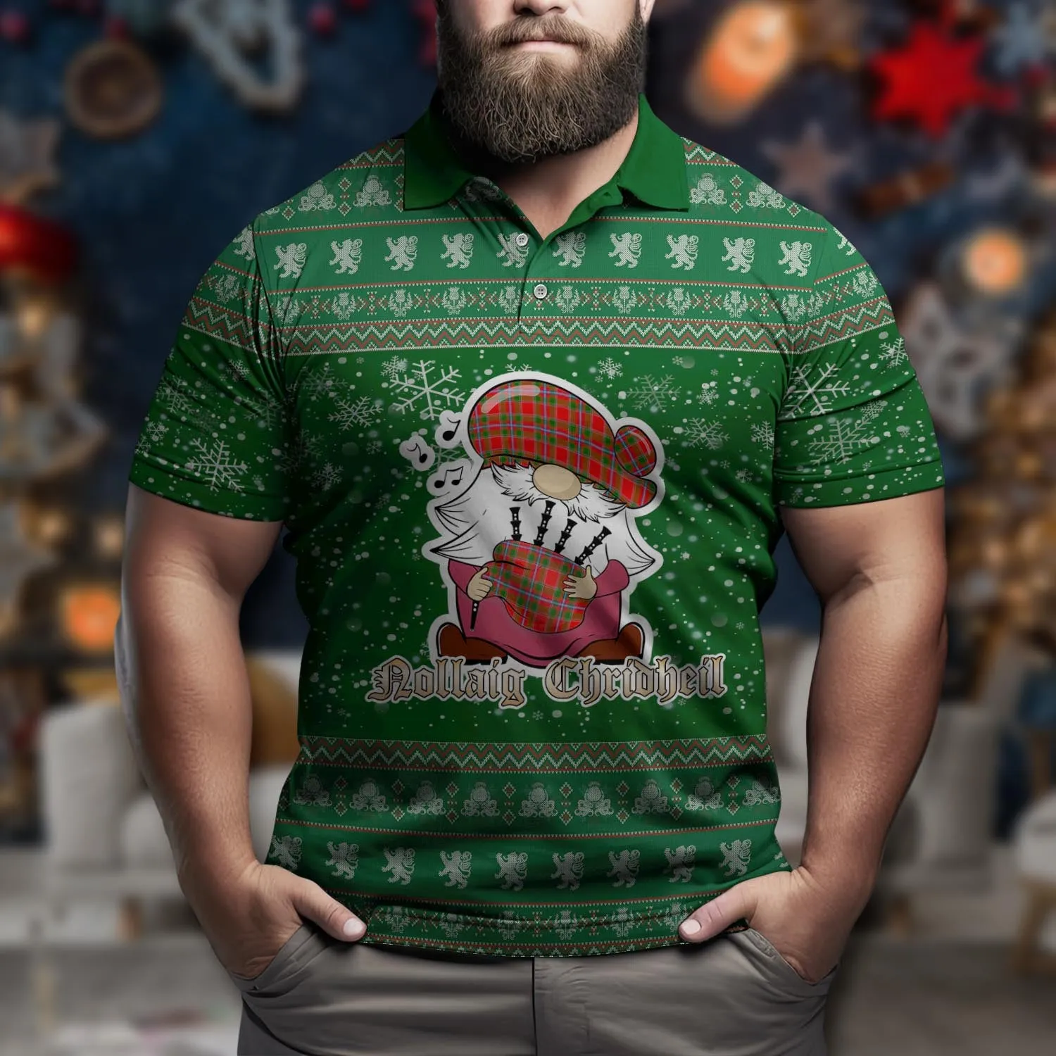 Butter Clan Christmas Family Polo Shirt with Funny Gnome Playing Bagpipes