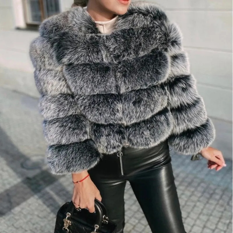 Classic 5 Row Frosted Black Faux Fur Jacket