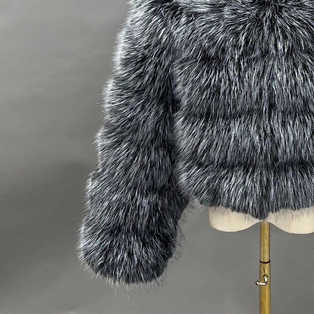 Classic 5 Row Frosted Black Faux Fur Jacket