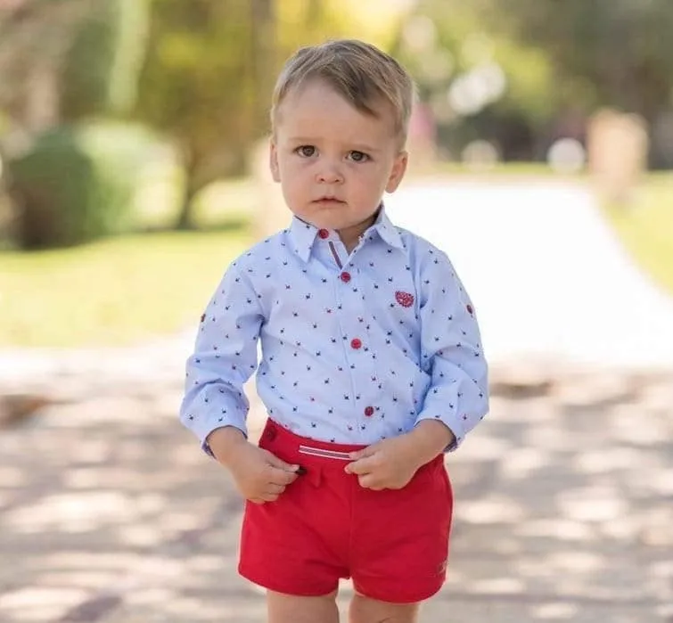 CLEARANCE SALE - Dolce Petit - Baby Boys Red Shorts with Matching Blue Print Shirt 6m