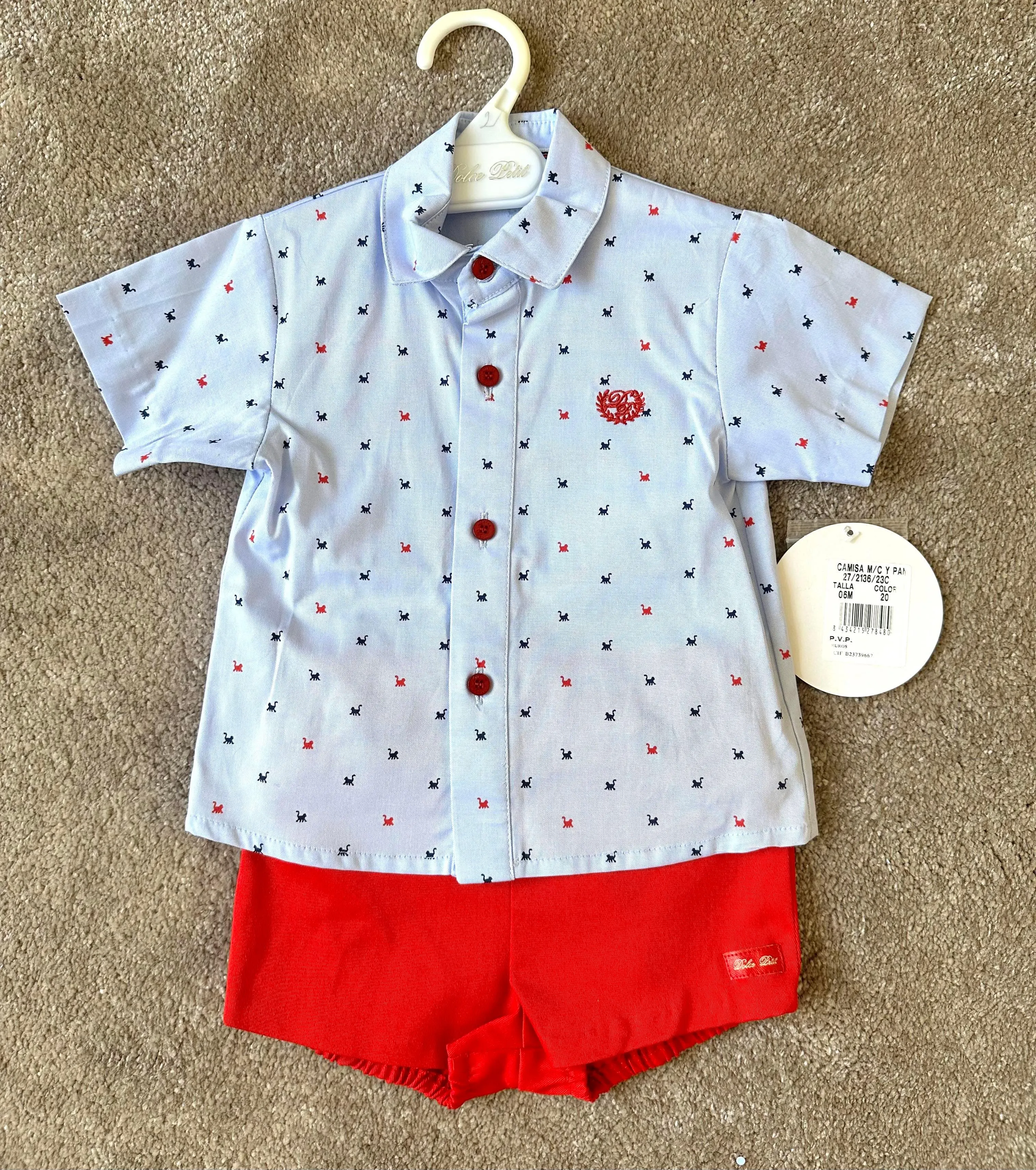 CLEARANCE SALE - Dolce Petit - Baby Boys Red Shorts with Matching Blue Print Shirt 6m