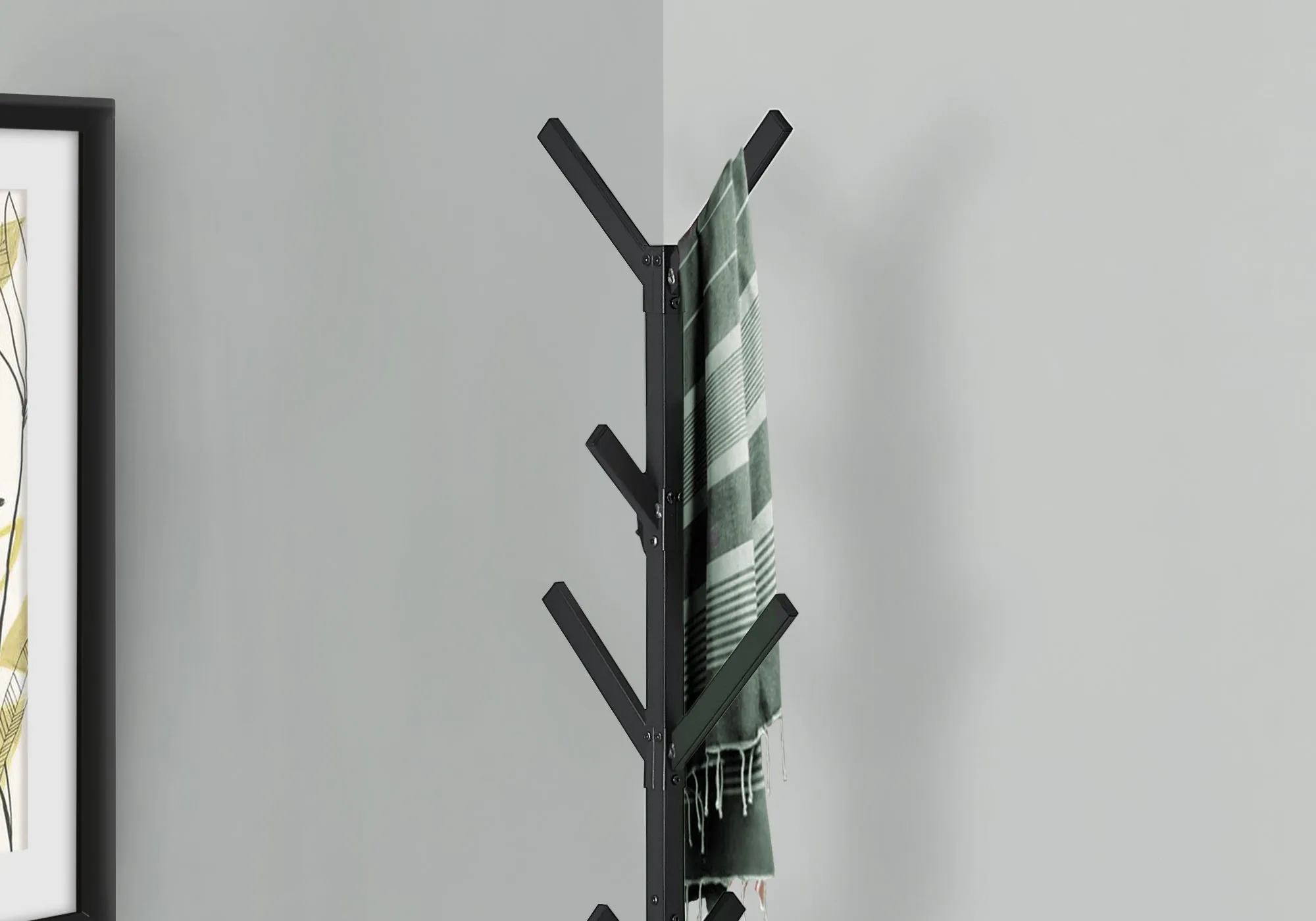 Coat Rack, Hall Tree, Free Standing, 8 Hooks, Entryway, 70"h, Bedroom, Black Metal, Contemporary, Modern