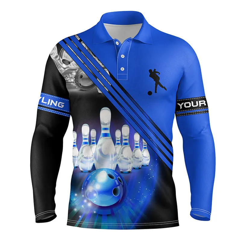 Custom Bowling Shirts For Men Bowling Ball And Pins Team Long Sleeve Polo Shirt, Custom Bowling Jerseys