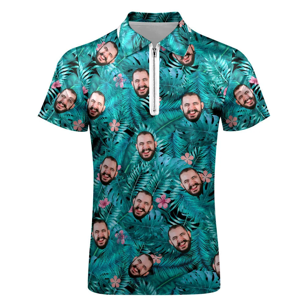 Custom Hawaiian Style Polo Shirt with Zipper Personalised Face Polo Shirt for Boyfriend or Husband