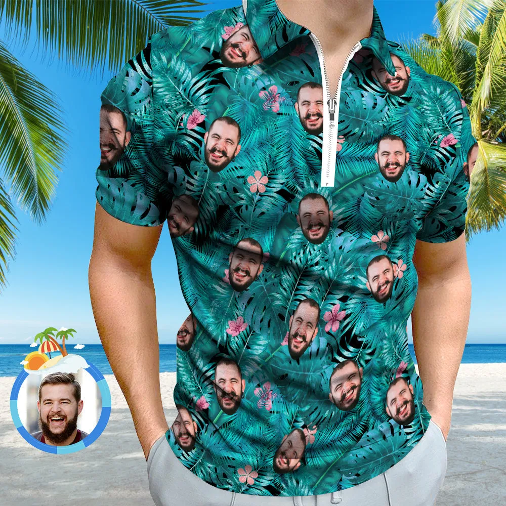 Custom Hawaiian Style Polo Shirt with Zipper Personalised Face Polo Shirt for Boyfriend or Husband