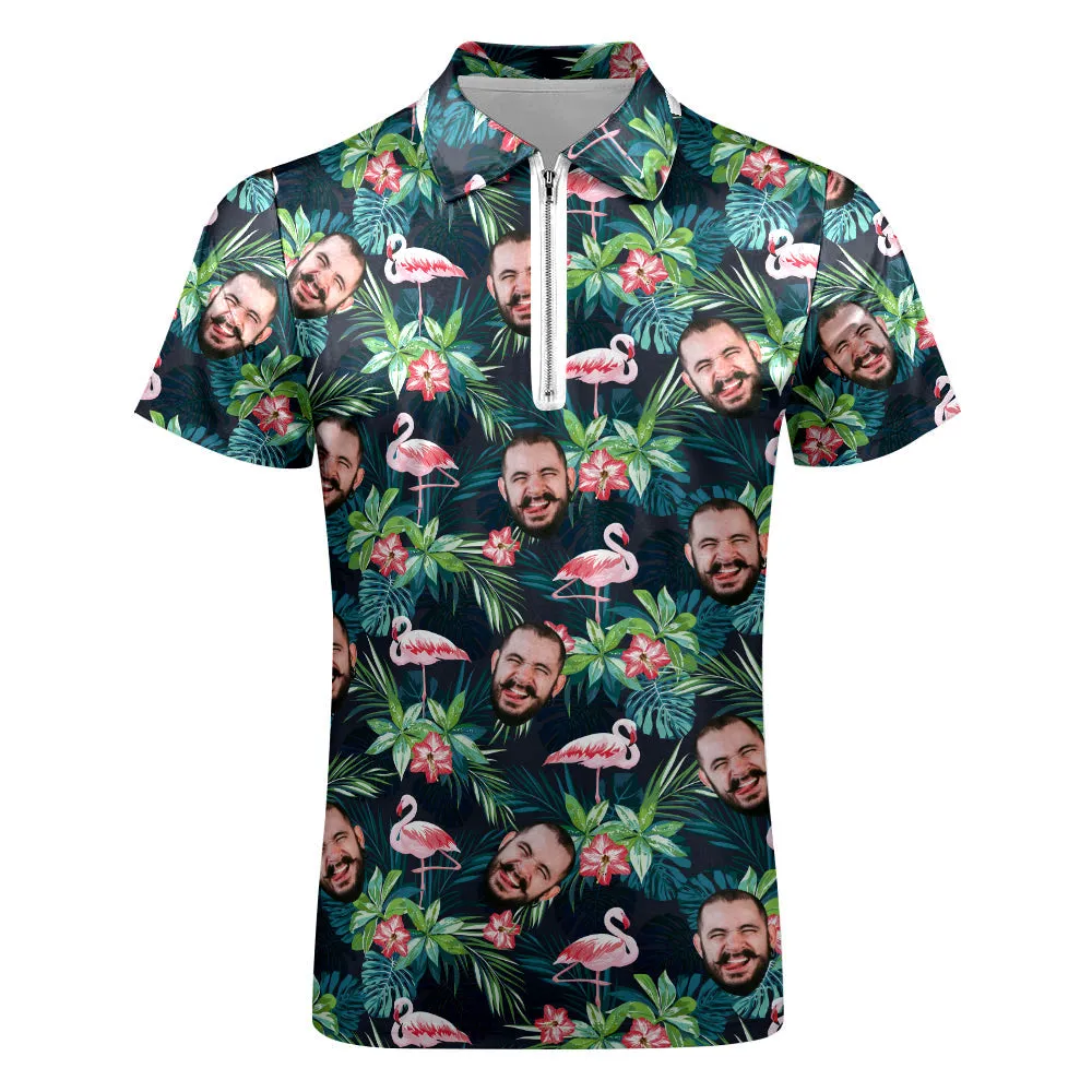 Custom Men's Polo Shirt with Zipper Personalised Face Hawaiian Style Polo Shirt