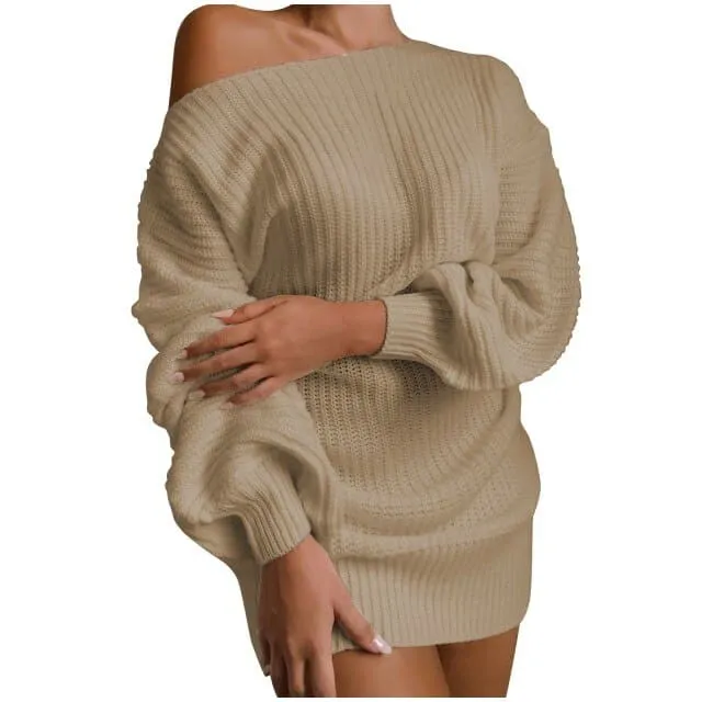 DressBetty - Women Sweaters And Pullovers Dress Casual Long-sleeved Pullover One Word Collar Solid Knitted Dress Jumper