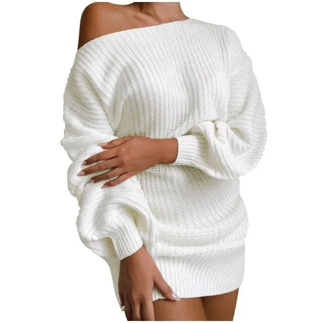 DressBetty - Women Sweaters And Pullovers Dress Casual Long-sleeved Pullover One Word Collar Solid Knitted Dress Jumper