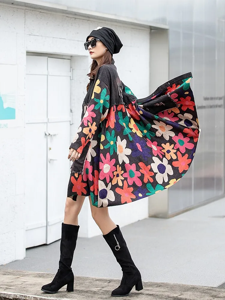 Floral Print Patchwork Spliced Denim Coat