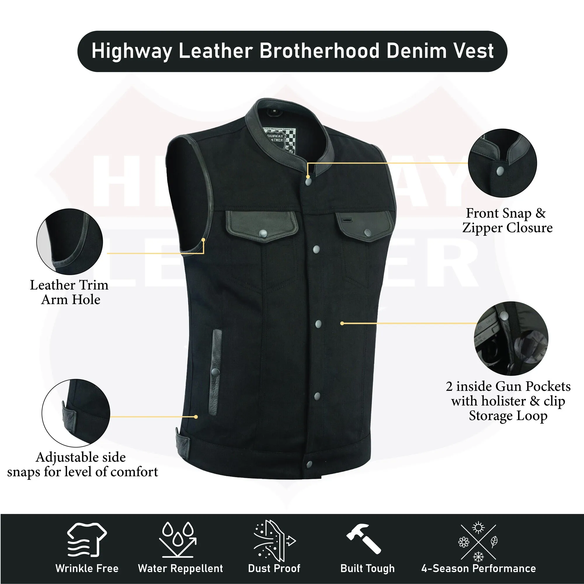 HL21689BLACK Biker Denim Club Style Anarchy BLACK Vest with Conceal Carry Pockets both sides