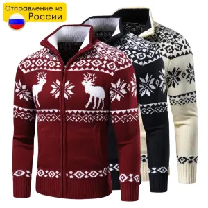 Men Autumn New Casual Jacquard Christmas Pattern Zip Sweater Cardigan Jacket Men Winter Long Sleeve Mock Neck Sweater Pullover