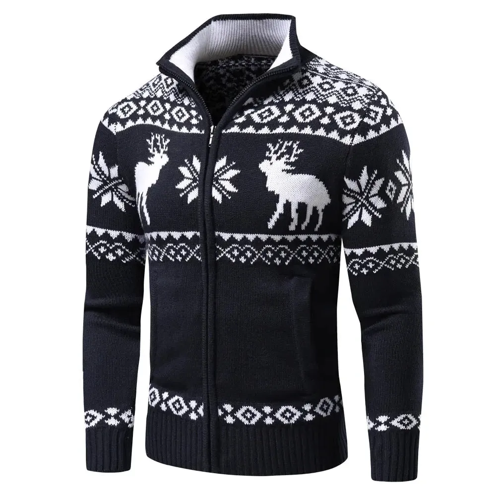 Men Autumn New Casual Jacquard Christmas Pattern Zip Sweater Cardigan Jacket Men Winter Long Sleeve Mock Neck Sweater Pullover