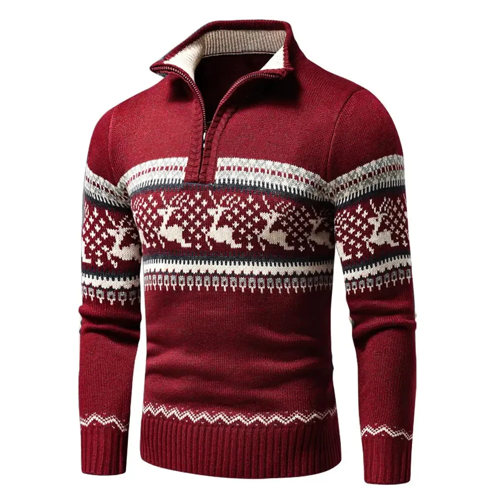 Men Autumn New Casual Jacquard Christmas Pattern Zip Sweater Cardigan Jacket Men Winter Long Sleeve Mock Neck Sweater Pullover