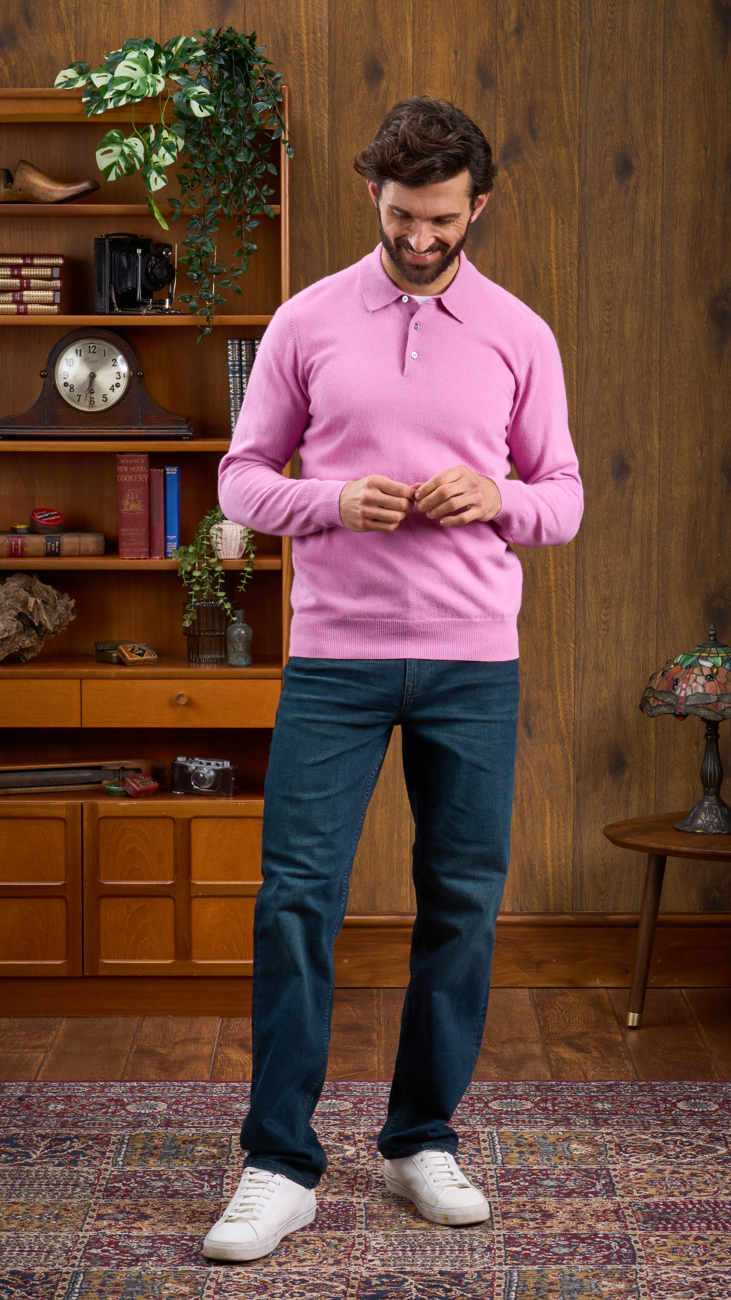 Men's Geelong Lambswool Long Sleeve Polo Shirt in Pink Haze - Regular Fit