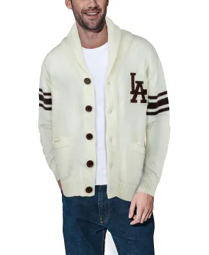 Men's thick cardigan with turn-down collar and city X-Ray patch, cream