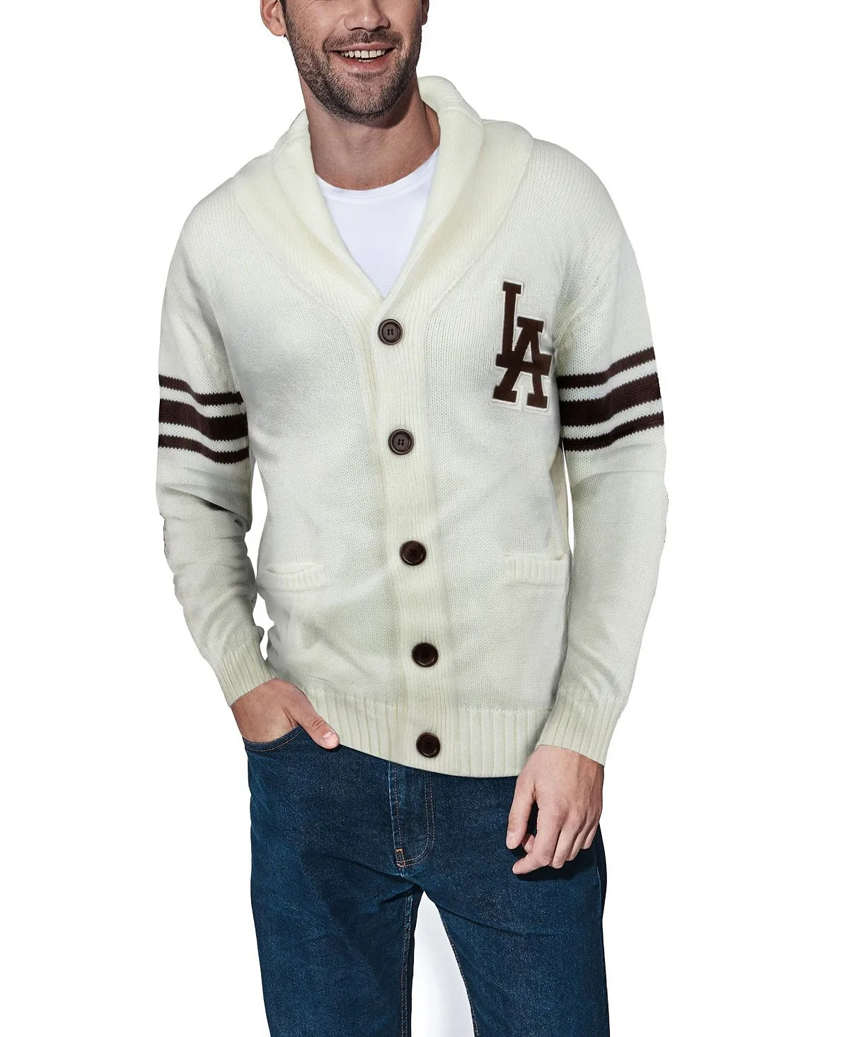 Men's thick cardigan with turn-down collar and city X-Ray patch, cream