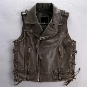 Men's Vintage Cowhide Leather Motorcycle Rider Vest