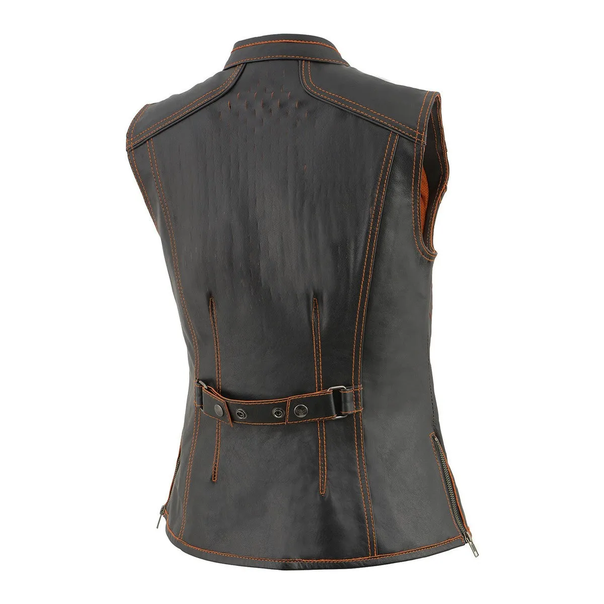 Milwaukee Leather MLL4507 Women's Black Leather Orange Accented Laser Cut Vented Scuba Style Motorcycle Rider Vest