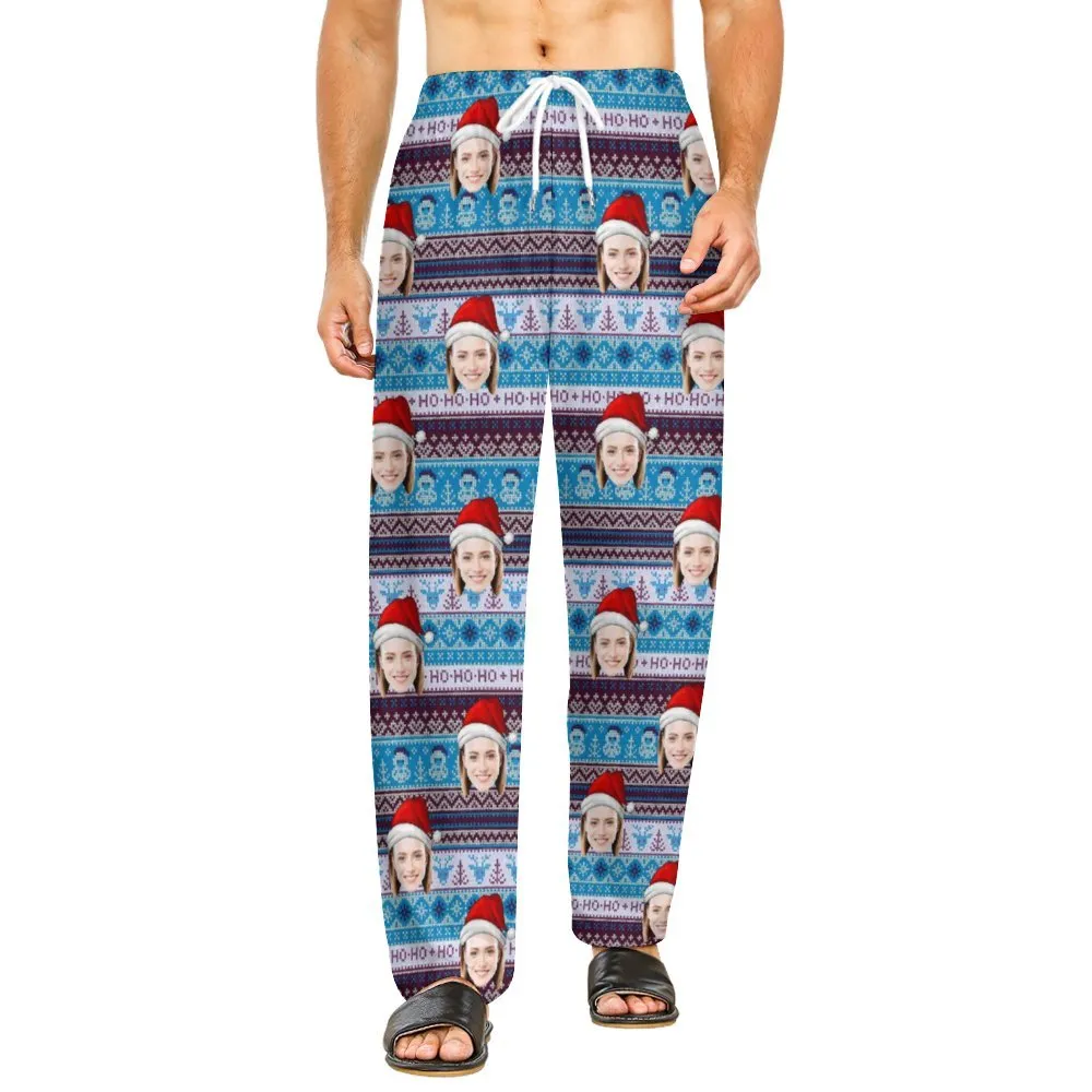 Personalized Long Pajama Pants Unisex Lacing Custom Face Christmas Hat Sleepwear Slumber Party