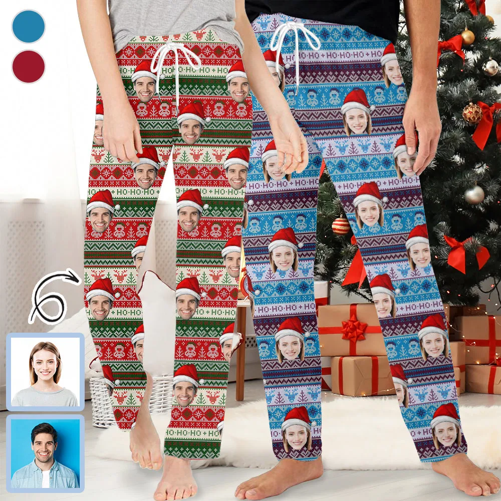 Personalized Long Pajama Pants Unisex Lacing Custom Face Christmas Hat Sleepwear Slumber Party