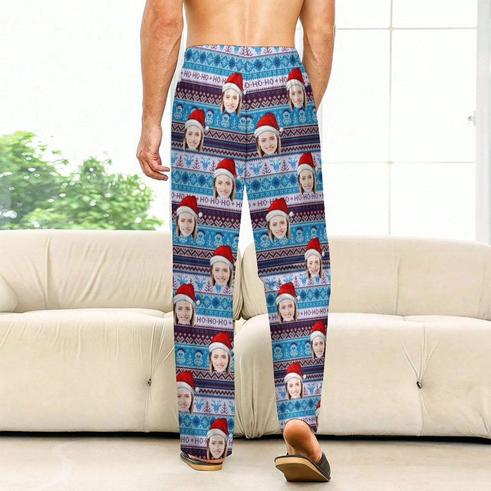 Personalized Long Pajama Pants Unisex Lacing Custom Face Christmas Hat Sleepwear Slumber Party