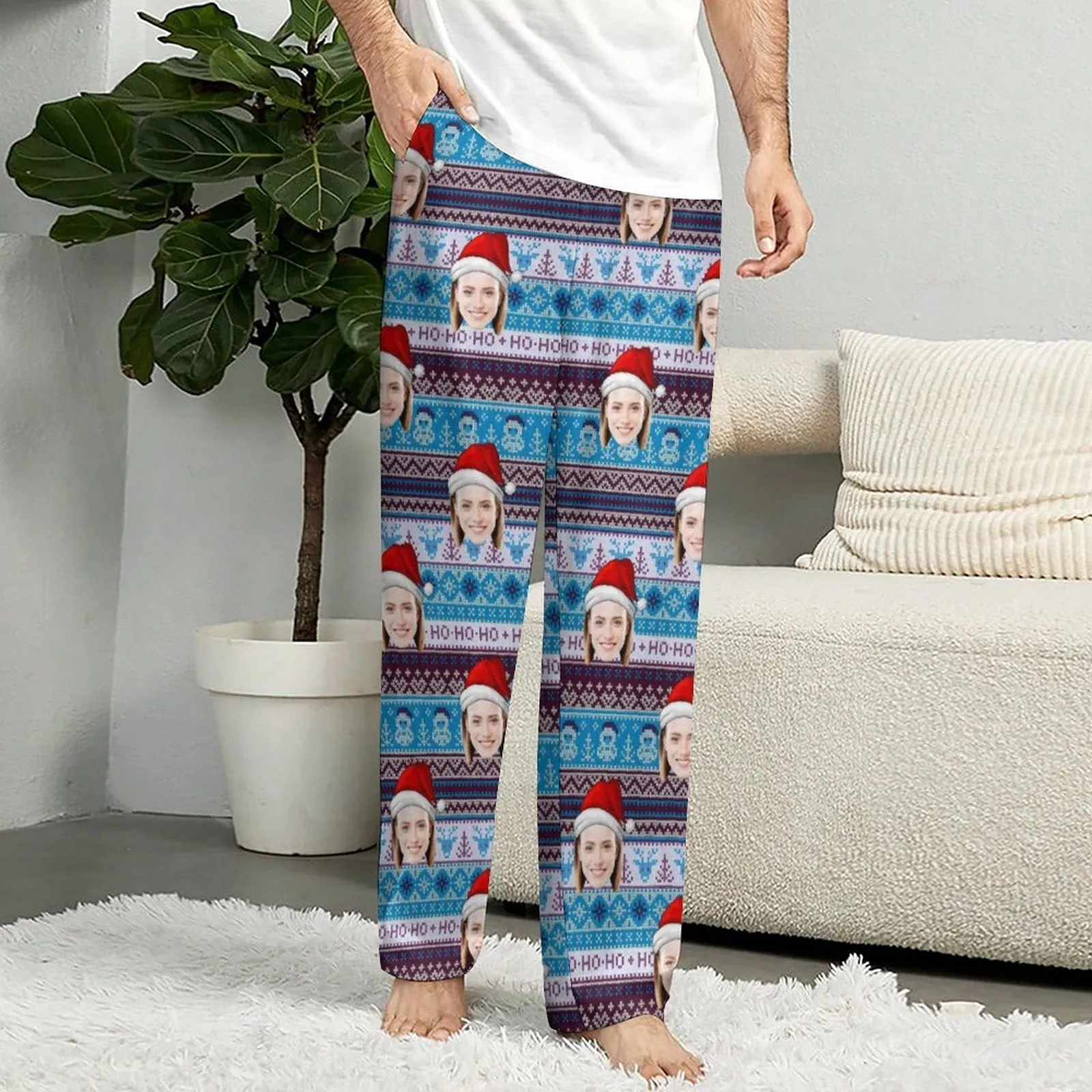 Personalized Long Pajama Pants Unisex Lacing Custom Face Christmas Hat Sleepwear Slumber Party