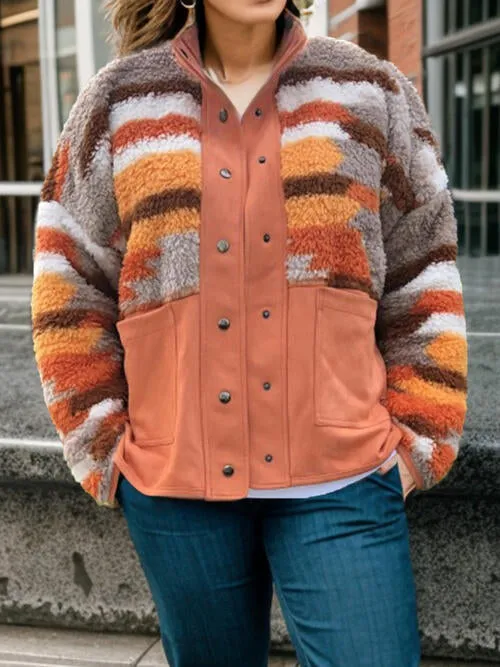 Plus Size Color Block Snap Down Jacket