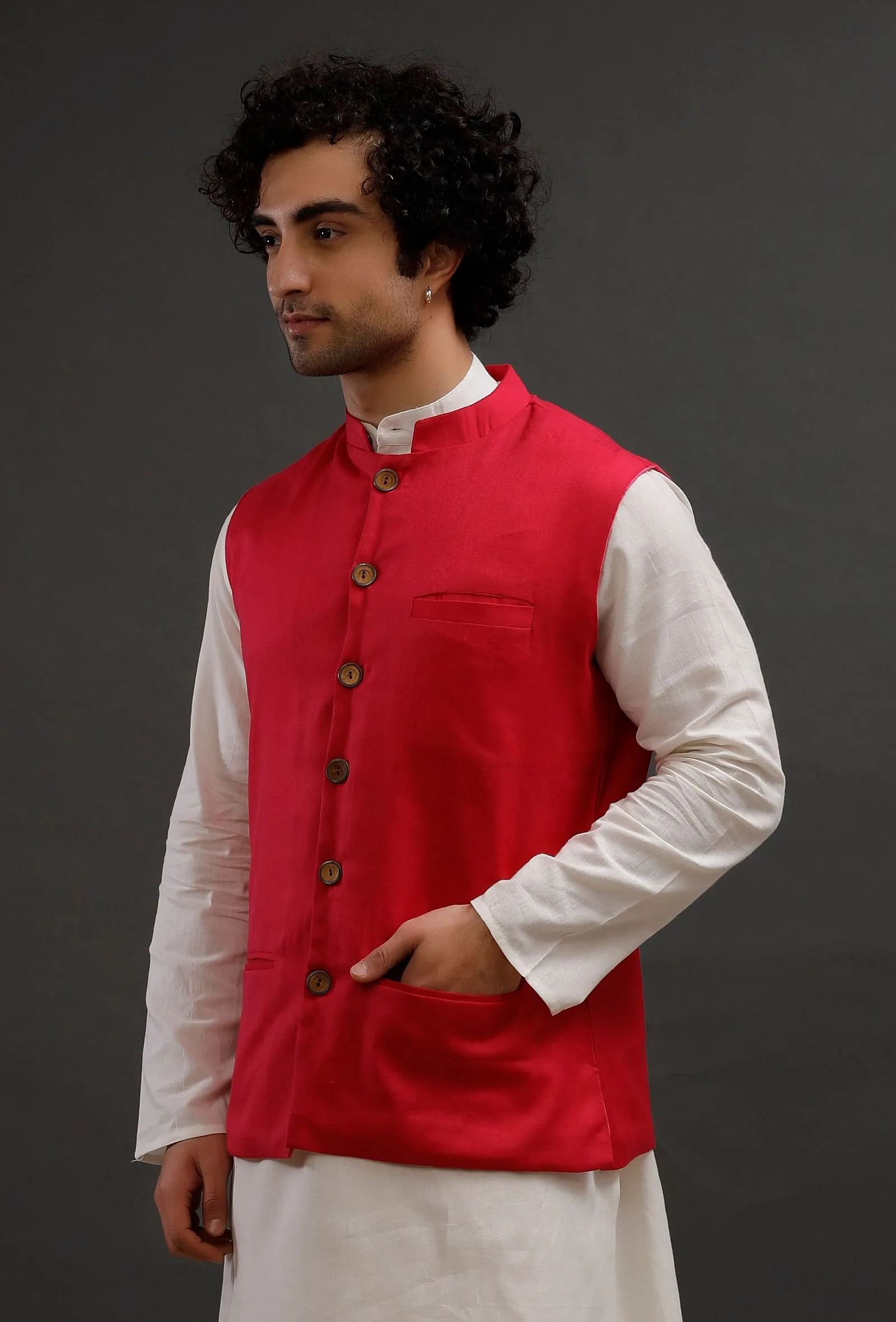 Scarlet Red Woollen Blend Nehru Jacket