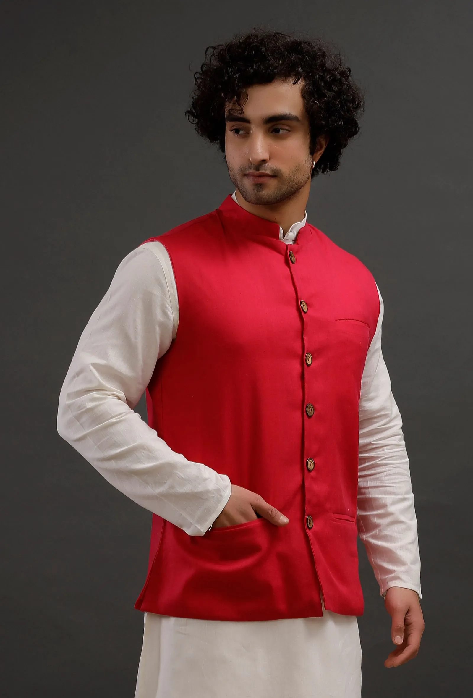 Scarlet Red Woollen Blend Nehru Jacket