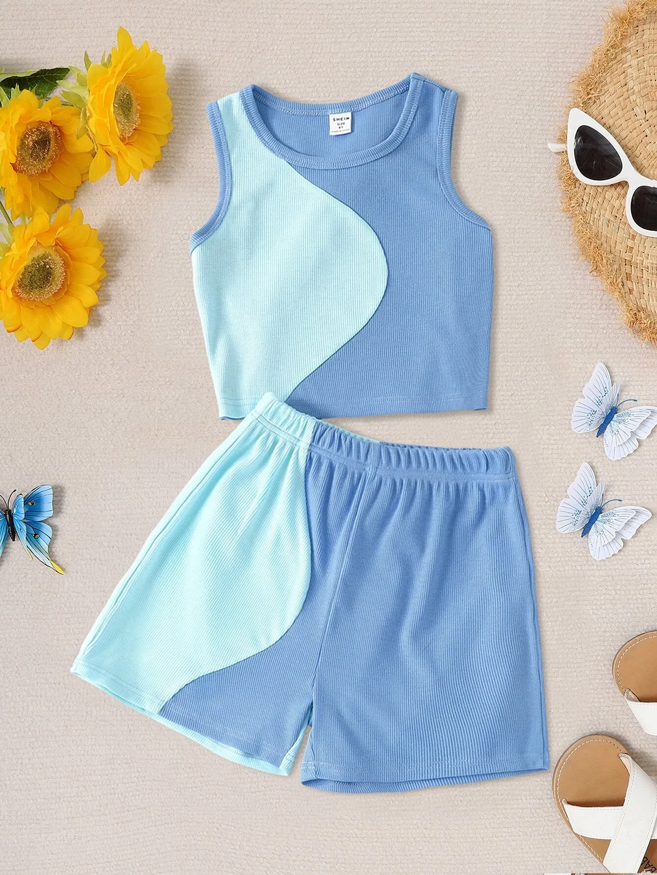 SHEIN Tween Girl 2pcs Fashionable Colorblock Design Vest And Shorts Set