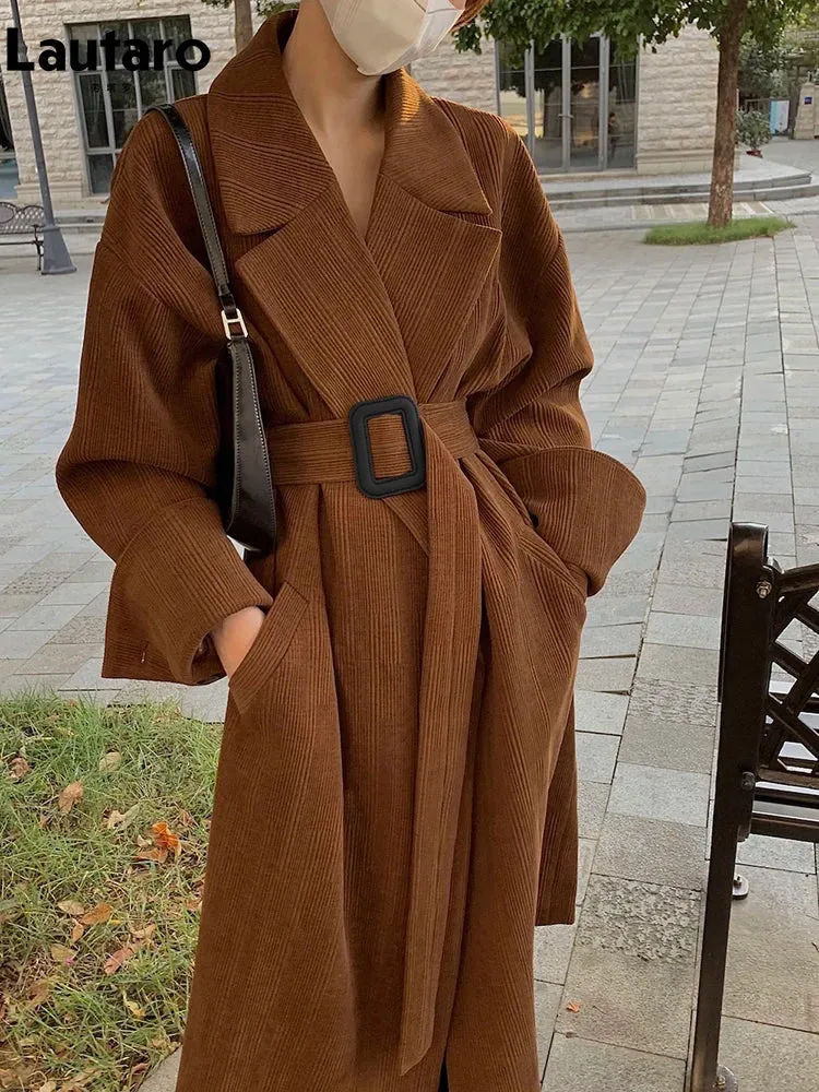 Spring Autumn Long Brown Black Striped Oversized Belt Luxury Designer Runway Fashion 2024 Stylish Coat