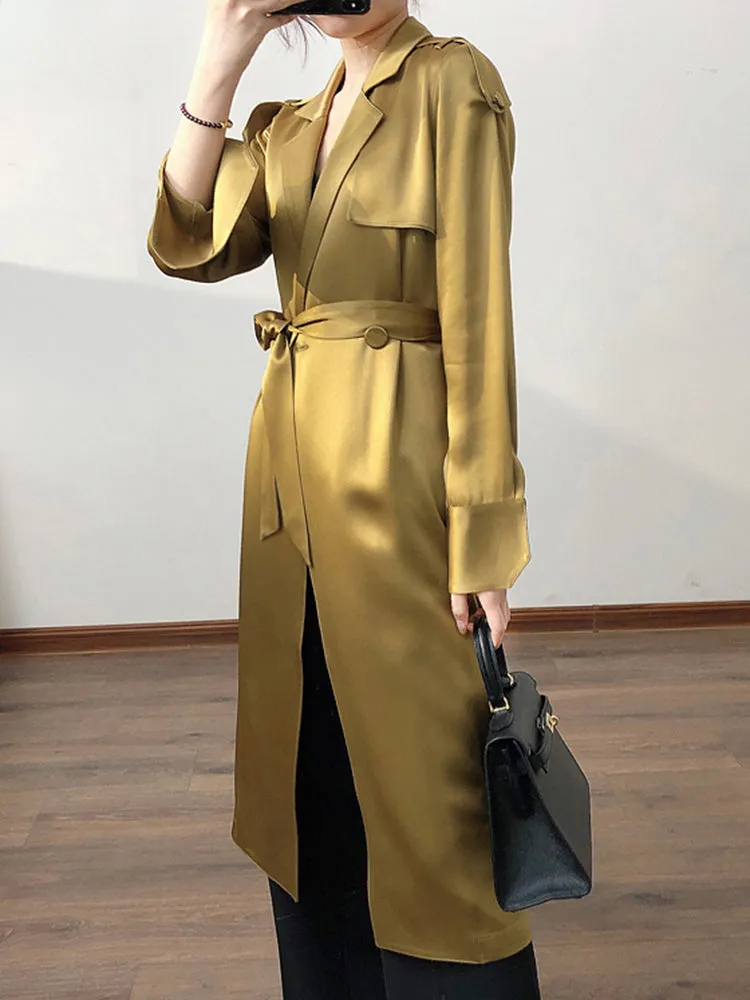 Spring Autumn Long Soft Luxury Elegant Flowy Satin Acetate High Quality Chic British Fashion 2024 Stylish Coat