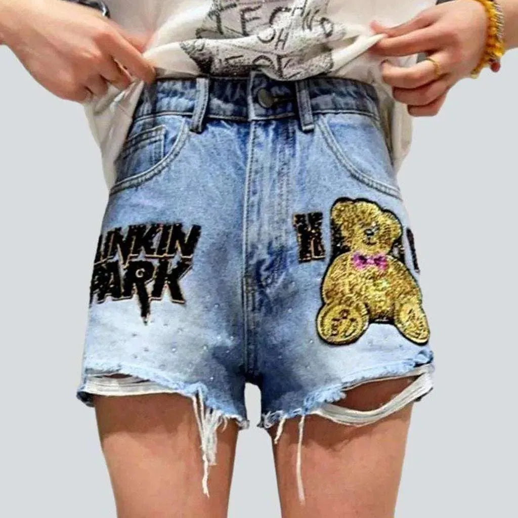 Teddy bear embroidery denim shorts