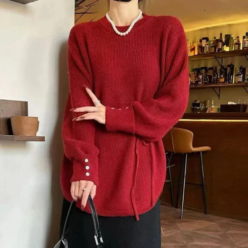 Wenkouban-Christmas Thanksgiving outfits_Oversize Thick Red Knitting Warm Casual Lantern Sleeve Christmas Sweater