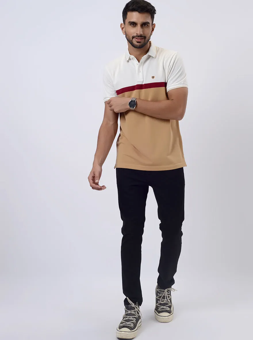 White & Cream Striped Slim Fit Polo T-Shirt | JadeBlue