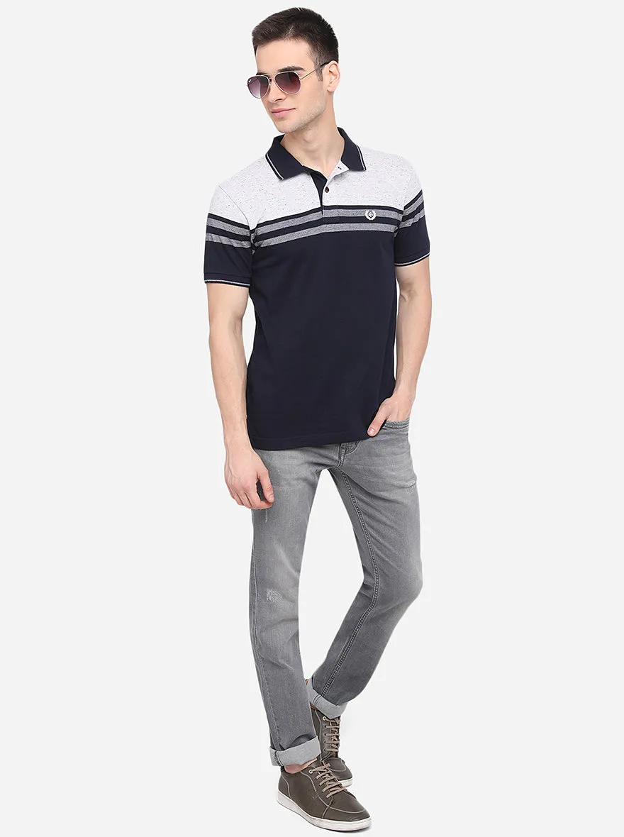 White & Navy Blue Striped Slim Fit Polo T-Shirt | Greenfibre