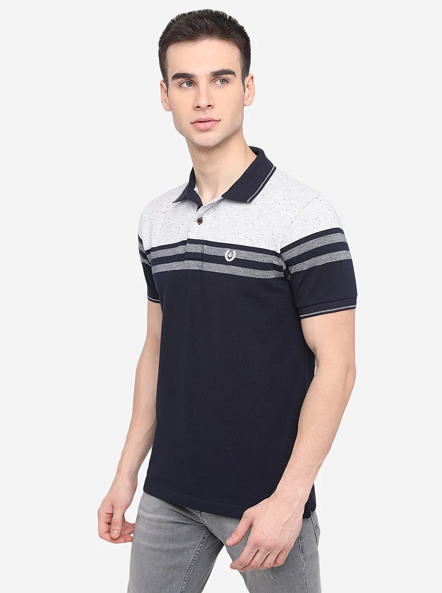 White & Navy Blue Striped Slim Fit Polo T-Shirt | Greenfibre