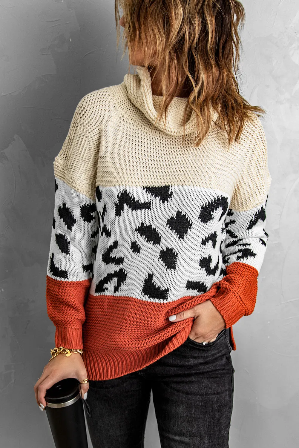 Women's Long Sleeve Turtleneck Chunky Jumper Tops Leopard Knit Pullover Sweater