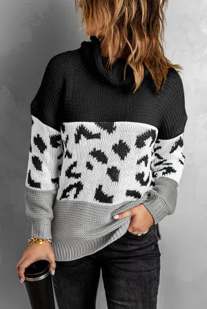 Women's Long Sleeve Turtleneck Chunky Jumper Tops Leopard Knit Pullover Sweater