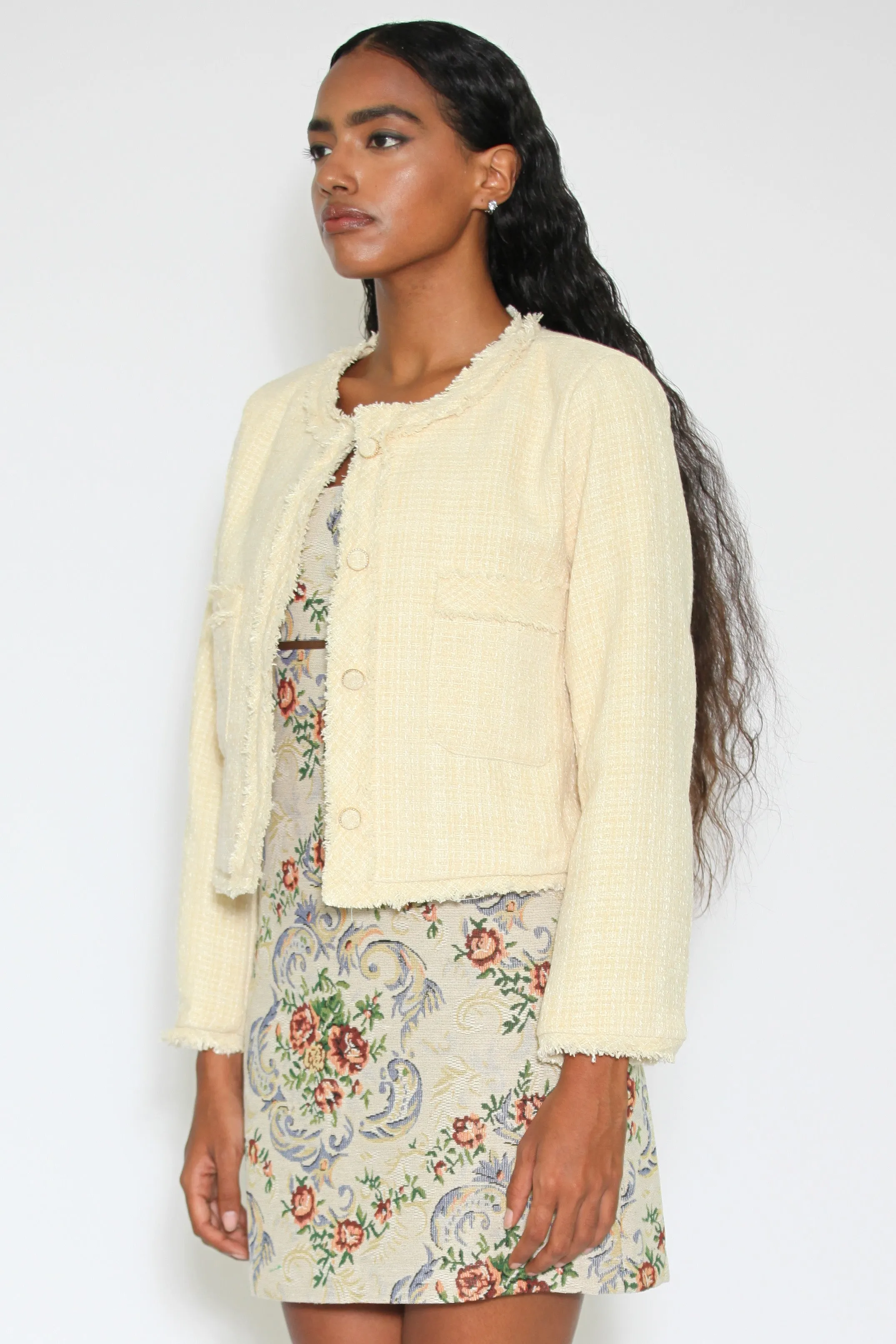 Wool Pale Yellow Cropped Tweed Blazer